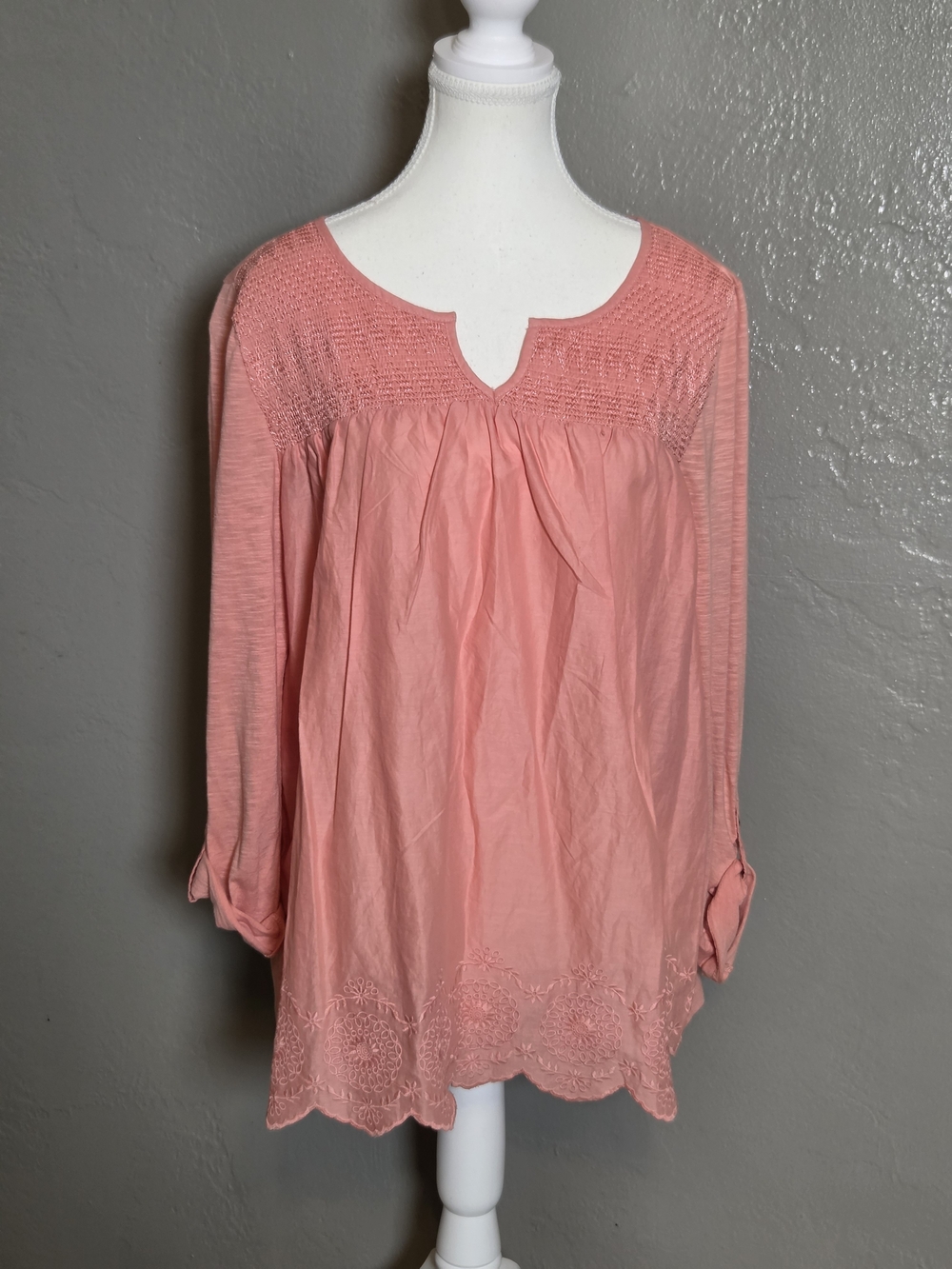 Gloria Vanderbilt Womens M Coral Peasant Tunic Top Embroidered Roll Tab Sleeve - Picture 2 of 11